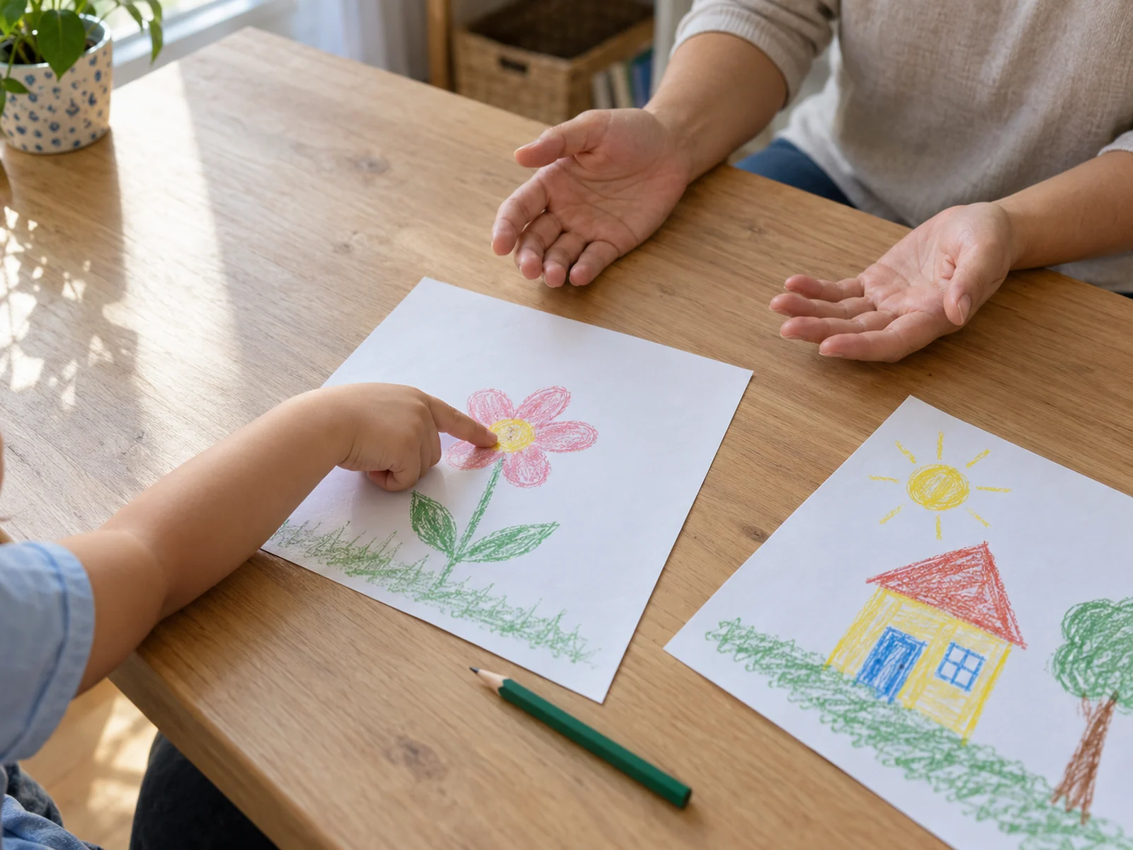 A child's hand points to one of two of their own drawings while an adult waits with open hands nearby.