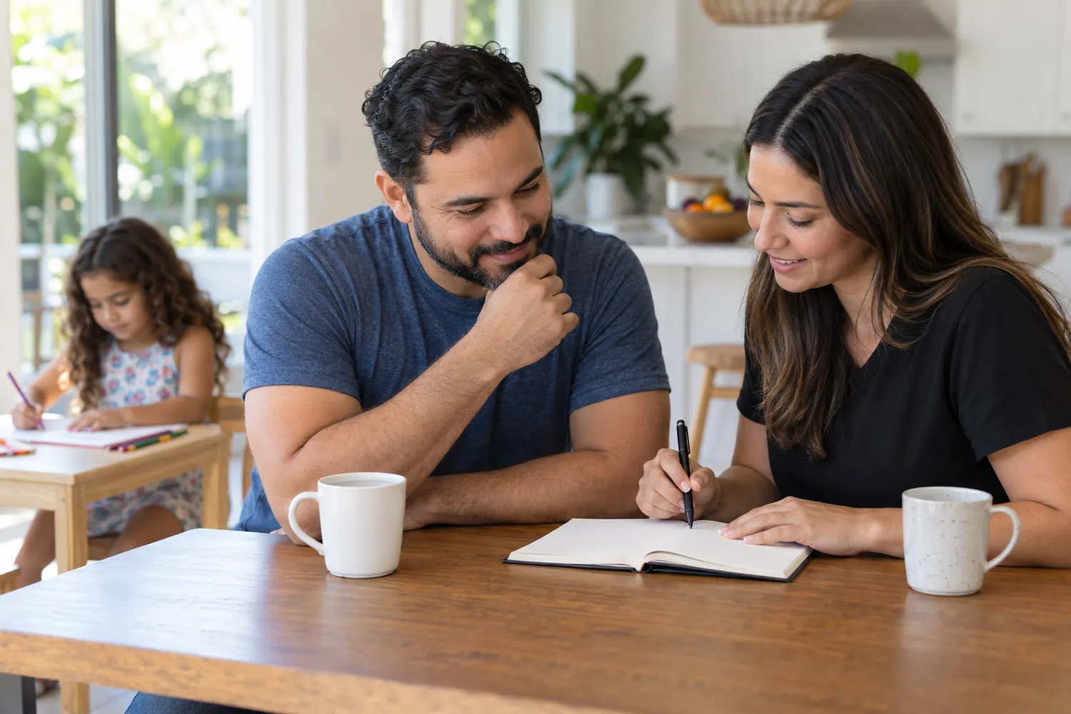 A parent and a therapist talk at a table with a notebook while a child draws nearby.